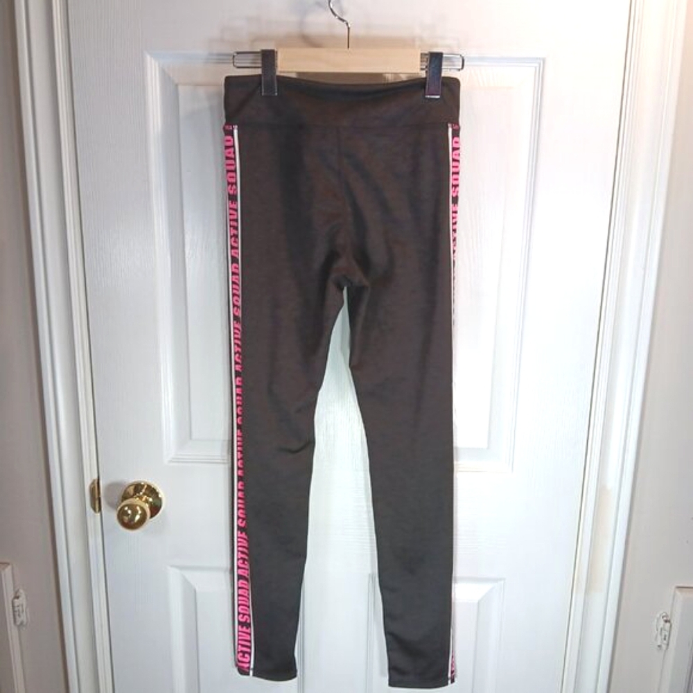 H&M Sport Girls Charcoal Grey Leggings Pink 'Active Squad' Leg Graphics Size 14 - Picture 10 of 13